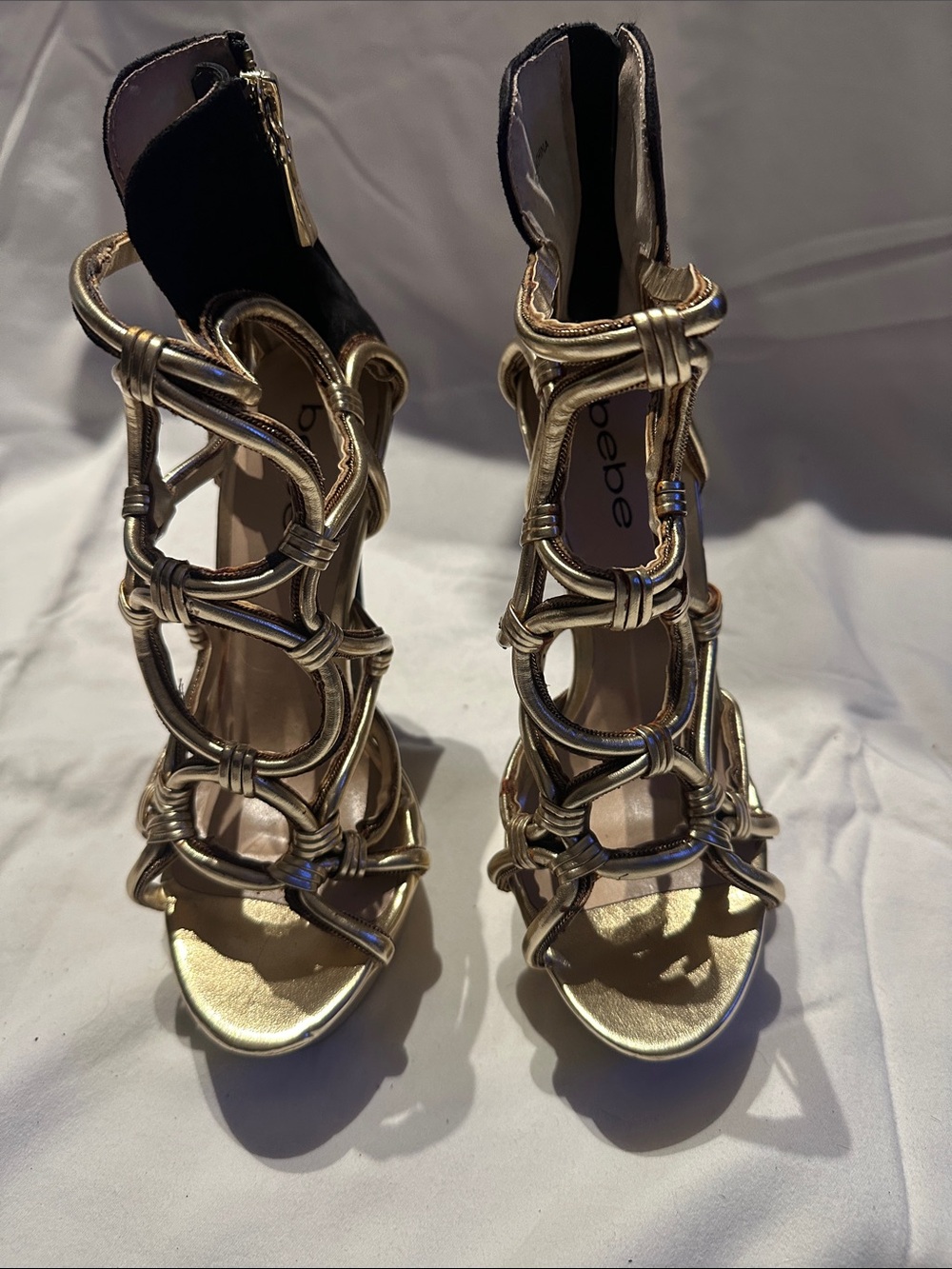 bebe Metallic Gold Knotted Strappy Heels